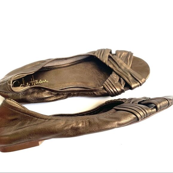 COLE HAAN NIKE AIR BRONZE LEATHER PEEP TOE FLATS - Picture 2 of 8